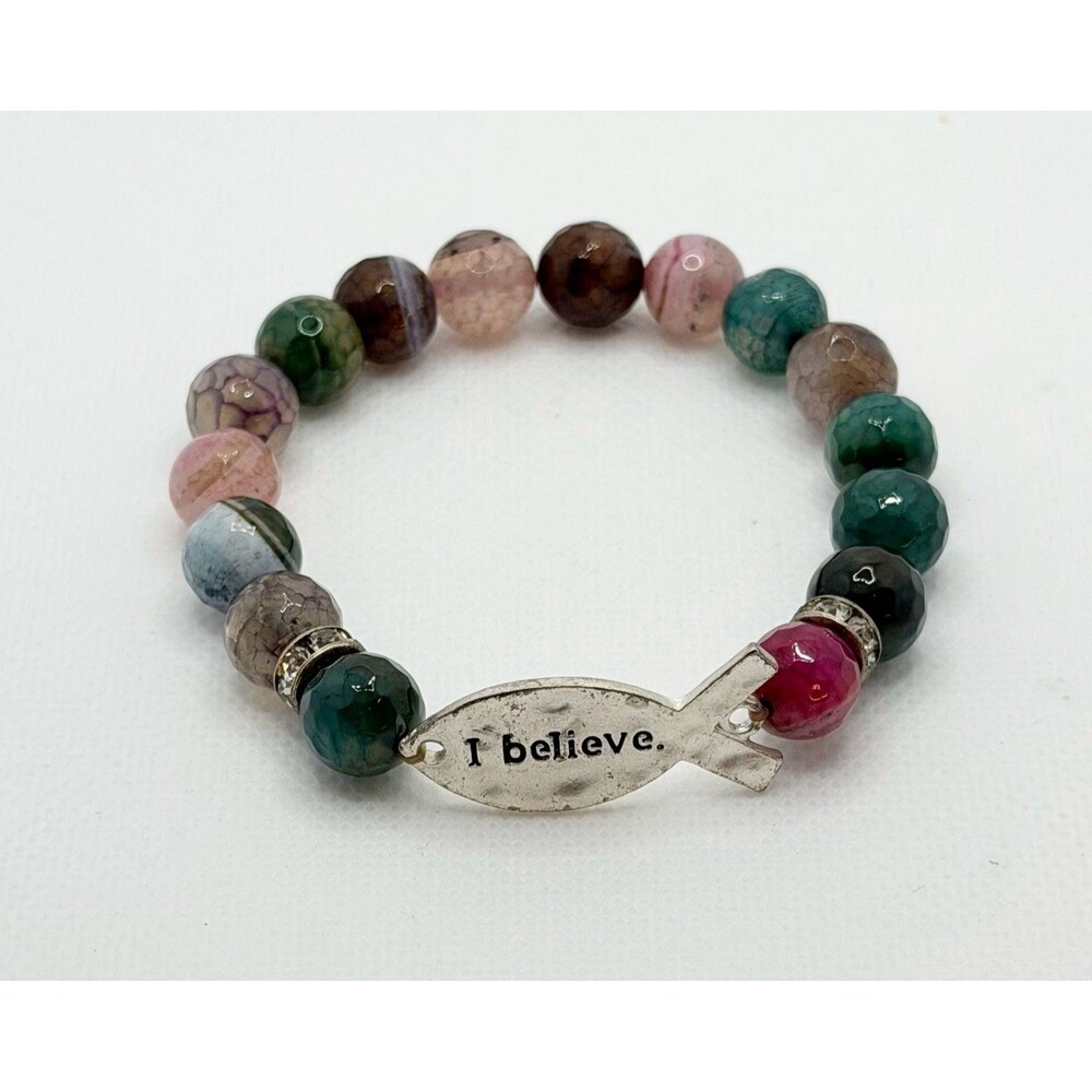 I Believe Ichthys Fish Charm Multi-Color Agate Beaded Stretch Bracelet